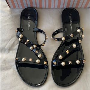NWOT black sandals with gold embellishments